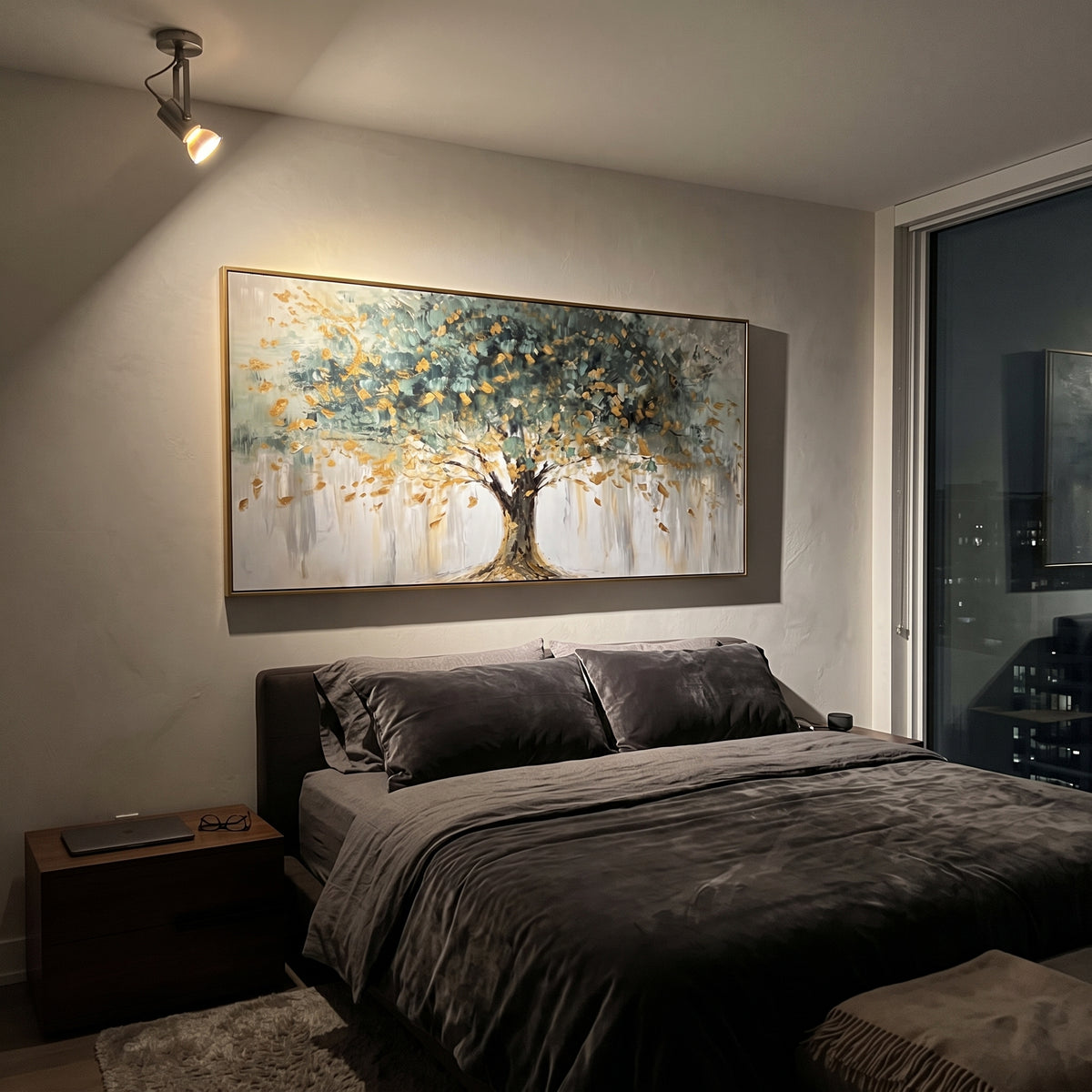 Blue Green Tree Landscape focuses on a blue green tree with yellow light and loose falling marks over a pale ground, using the sage green family as the main atmosphere while keeping the subject and composition specific to the actual main image. The visible details are described from the artwork itself: the placement of the main forms, the surrounding negative space, the relationship between pale highlights and deeper green or dark accents, and the direction of the brushwork across the surface.