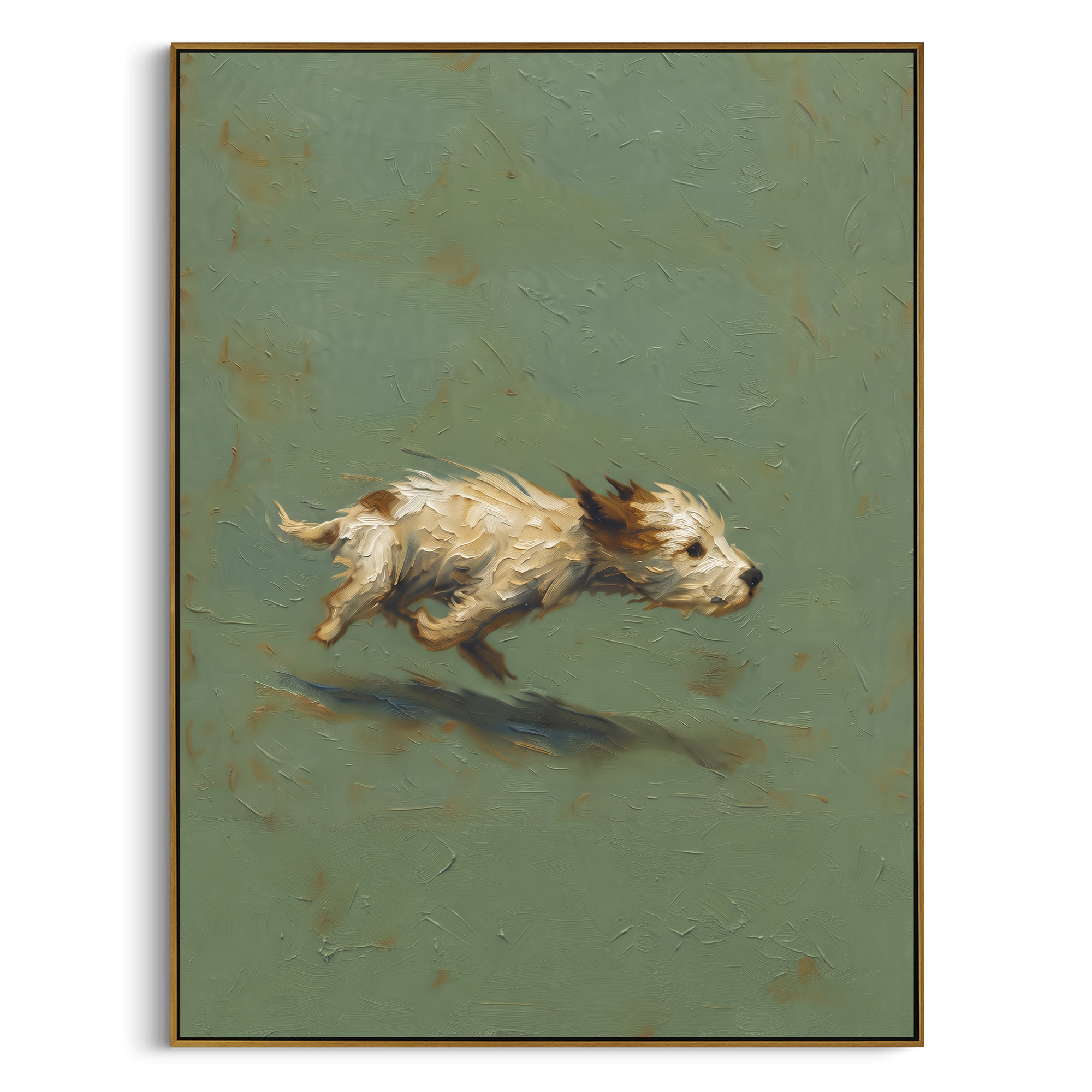 Running Dog Sage Field focuses on a light dog running across a sage green field with soft shadow underneath, using the sage green family as the main atmosphere while keeping the subject and composition specific to the actual main image. The visible details are described from the artwork itself: the placement of the main forms, the surrounding negative space, the relationship between pale highlights and deeper green or dark accents, and the direction of the brushwork across the surface. Raised
