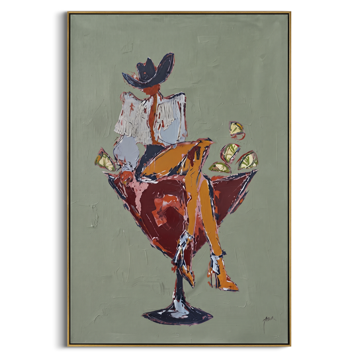 Cowboy Martini Chair focuses on a western figure sitting in a martini-shaped chair with bold red and gold accents, using the sage green family as the main atmosphere while keeping the subject and composition specific to the actual main image. The visible details are described from the artwork itself: the placement of the main forms, the surrounding negative space, the relationship between pale highlights and deeper green or dark accents, and the direction of the brushwork across the surface.