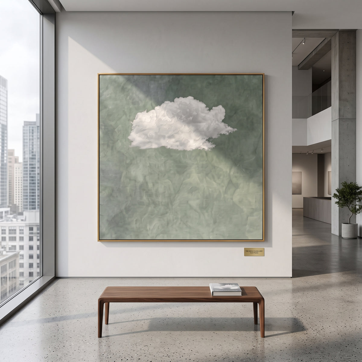 Floating White Cloud Sage focuses on a single white cloud floating over a muted sage green textured field, using the sage green family as the main atmosphere while keeping the subject and composition specific to the actual main image. The visible details are described from the artwork itself: the placement of the main forms, the surrounding negative space, the relationship between pale highlights and deeper green or dark accents, and the direction of the brushwork across the surface. Raised