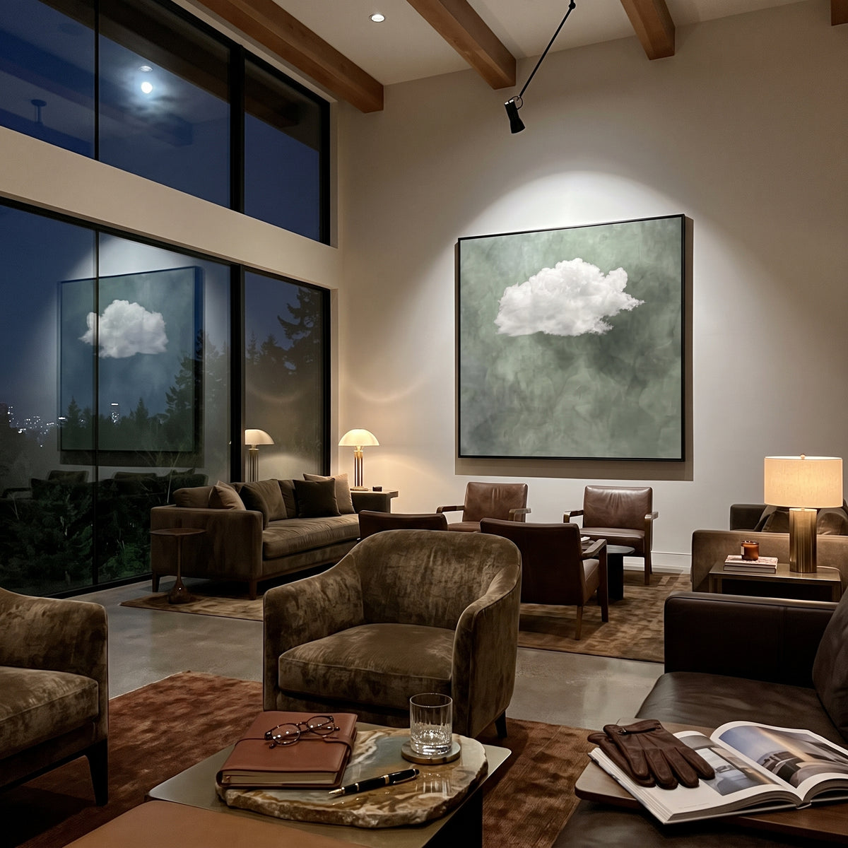 Floating White Cloud Sage focuses on a single white cloud floating over a muted sage green textured field, using the sage green family as the main atmosphere while keeping the subject and composition specific to the actual main image. The visible details are described from the artwork itself: the placement of the main forms, the surrounding negative space, the relationship between pale highlights and deeper green or dark accents, and the direction of the brushwork across the surface. Raised