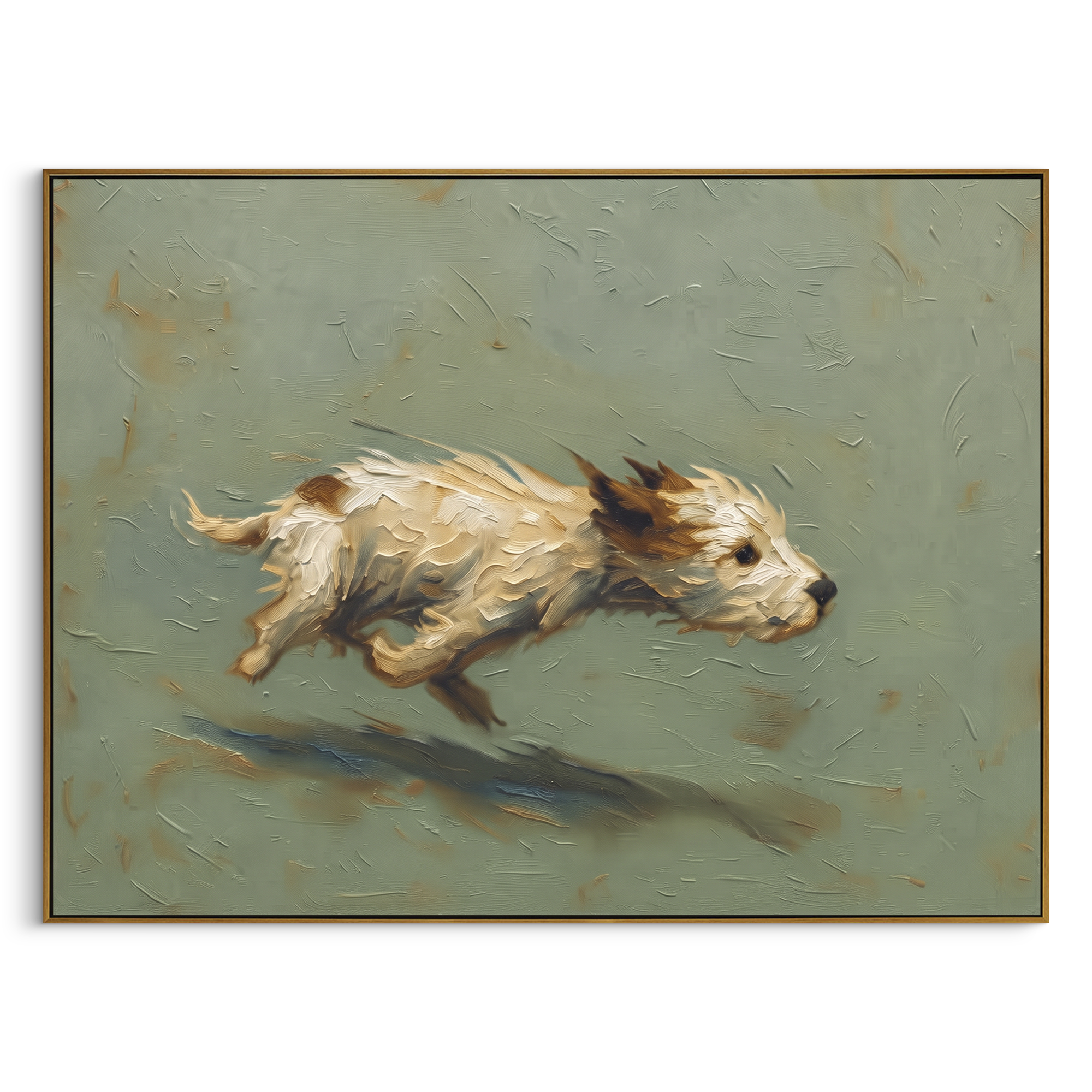Running Terrier Sage Field focuses on a small light terrier running across a horizontal sage field with dark shadow, using the sage green family as the main atmosphere while keeping the subject and composition specific to the actual main image. The visible details are described from the artwork itself: the placement of the main forms, the surrounding negative space, the relationship between pale highlights and deeper green or dark accents, and the direction of the brushwork across the surface.