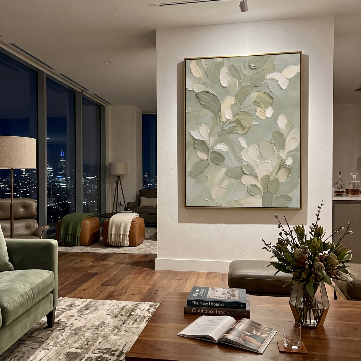 White Leaf Sage Botanical focuses on white leaves and pale blossoms layered over soft sage botanical brushwork, using the sage green family as the main atmosphere while keeping the subject and composition specific to the actual main image. The visible details are described from the artwork itself: the placement of the main forms, the surrounding negative space, the relationship between pale highlights and deeper green or dark accents, and the direction of the brushwork across the surface. Raised