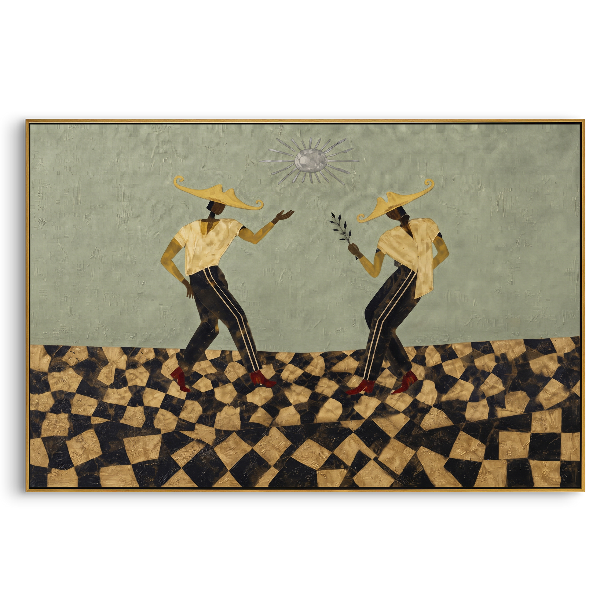 Dancing Cowboys Checkerboard focuses on two dancing western figures on a black and beige checkerboard floor, using the sage green family as the main atmosphere while keeping the subject and composition specific to the actual main image. The visible details are described from the artwork itself: the placement of the main forms, the surrounding negative space, the relationship between pale highlights and deeper green or dark accents, and the direction of the brushwork across the surface. Raised