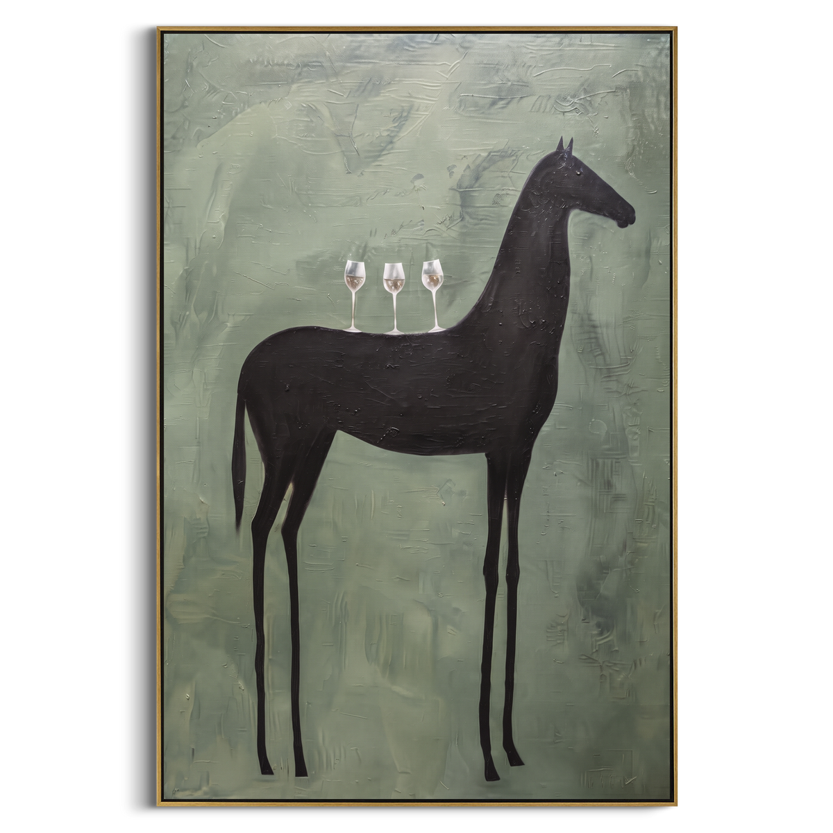 Black Horse Sage Still Life focuses on a black horse silhouette carrying wine glasses across a muted sage field, using the sage green family as the main atmosphere while keeping the subject and composition specific to the actual main image. The visible details are described from the artwork itself: the placement of the main forms, the surrounding negative space, the relationship between pale highlights and deeper green or dark accents, and the direction of the brushwork across the surface.