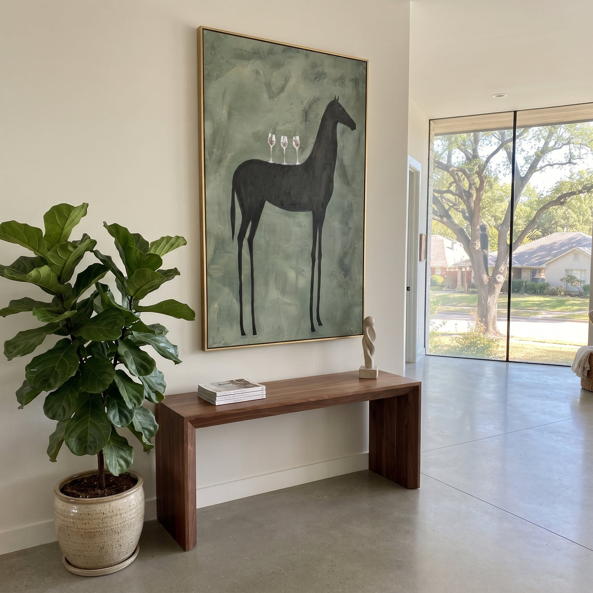 Black Horse Sage Still Life focuses on a black horse silhouette carrying wine glasses across a muted sage field, using the sage green family as the main atmosphere while keeping the subject and composition specific to the actual main image. The visible details are described from the artwork itself: the placement of the main forms, the surrounding negative space, the relationship between pale highlights and deeper green or dark accents, and the direction of the brushwork across the surface.