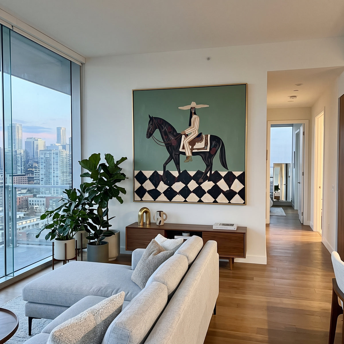 Rider Checkerboard Horse focuses on a rider on a dark horse above a bold black and white checkerboard floor, using the sage green family as the main atmosphere while keeping the subject and composition specific to the actual main image. The visible details are described from the artwork itself: the placement of the main forms, the surrounding negative space, the relationship between pale highlights and deeper green or dark accents, and the direction of the brushwork across the surface. Raised