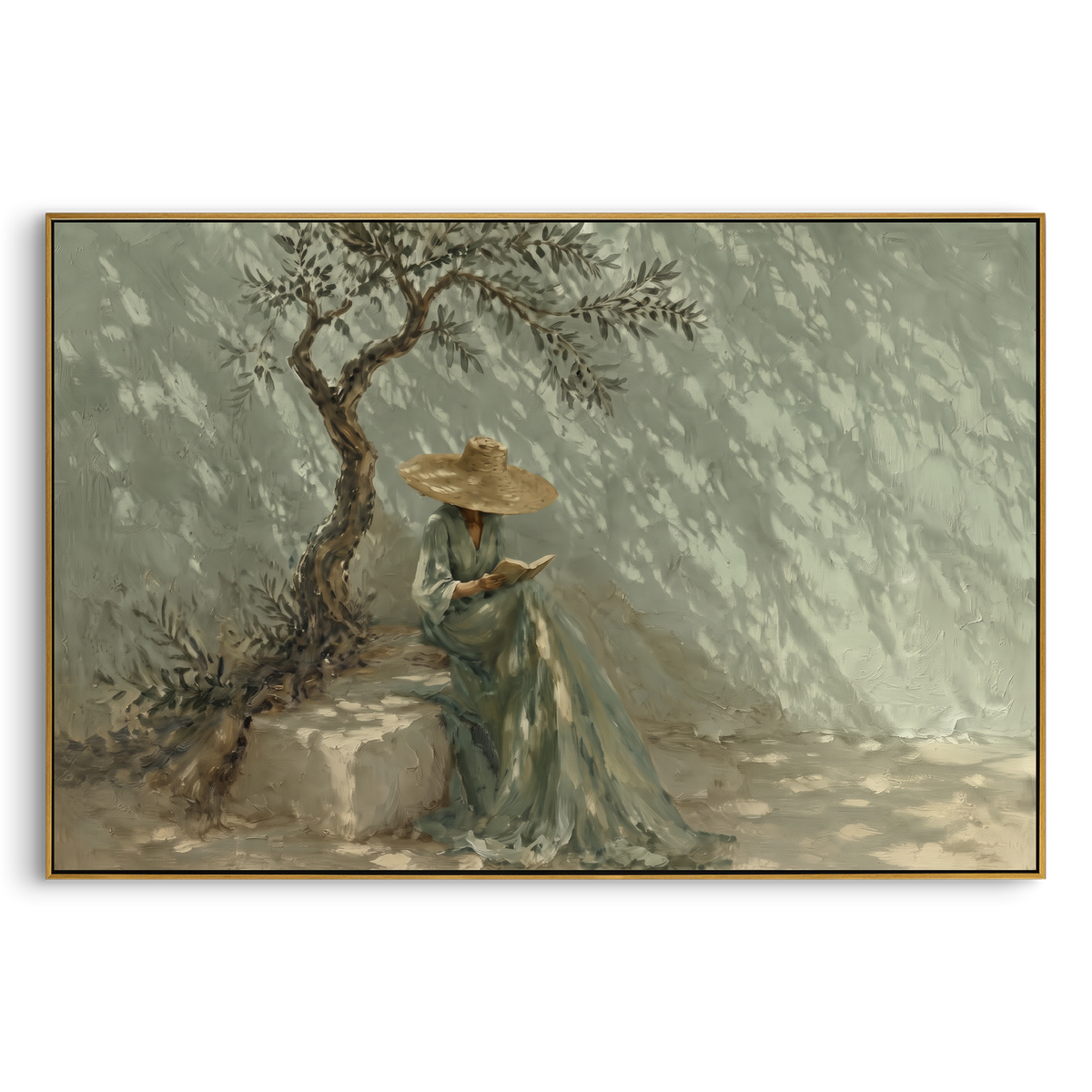 Seated Woman Under Olive Tree focuses on a seated woman in a wide hat beneath an olive tree with dappled sage light, using the sage green family as the main atmosphere while keeping the subject and composition specific to the actual main image. The visible details are described from the artwork itself: the placement of the main forms, the surrounding negative space, the relationship between pale highlights and deeper green or dark accents, and the direction of the brushwork across the surface.