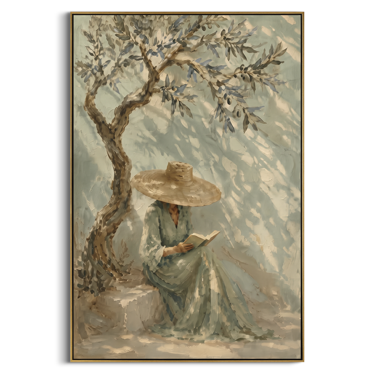 Reading Woman Olive Tree focuses on a reading woman under a textured olive tree with pale sage shadows, using the sage green family as the main atmosphere while keeping the subject and composition specific to the actual main image. The visible details are described from the artwork itself: the placement of the main forms, the surrounding negative space, the relationship between pale highlights and deeper green or dark accents, and the direction of the brushwork across the surface. Raised