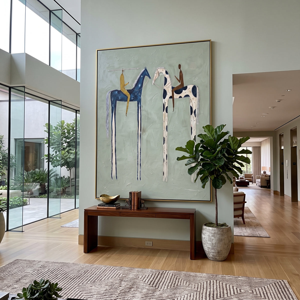 Blue Horse Pair Sage focuses on two tall blue and white horses with riders on a quiet sage green ground, using the sage green family as the main atmosphere while keeping the subject and composition specific to the actual main image. The visible details are described from the artwork itself: the placement of the main forms, the surrounding negative space, the relationship between pale highlights and deeper green or dark accents, and the direction of the brushwork across the surface. Raised