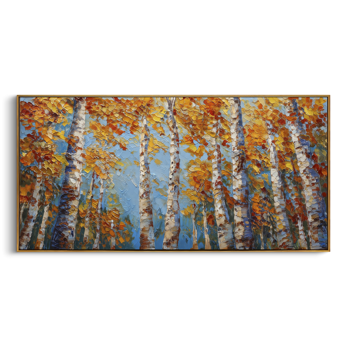 ARTWORK DETAILS Golden Birch Canopy Forest Painting is built from the actual artwork image: golden birch canopy with cool blue understory. The composition uses raised texture to separate tree trunks, leaf masses, ground movement, and soft background atmosphere, so the surface reads with real hand-painted depth from different viewing angles. The color direction is yellow, white, blue, chosen to keep the autumn mood warm while still leaving enough pale air and cool contrast for modern interiors.
