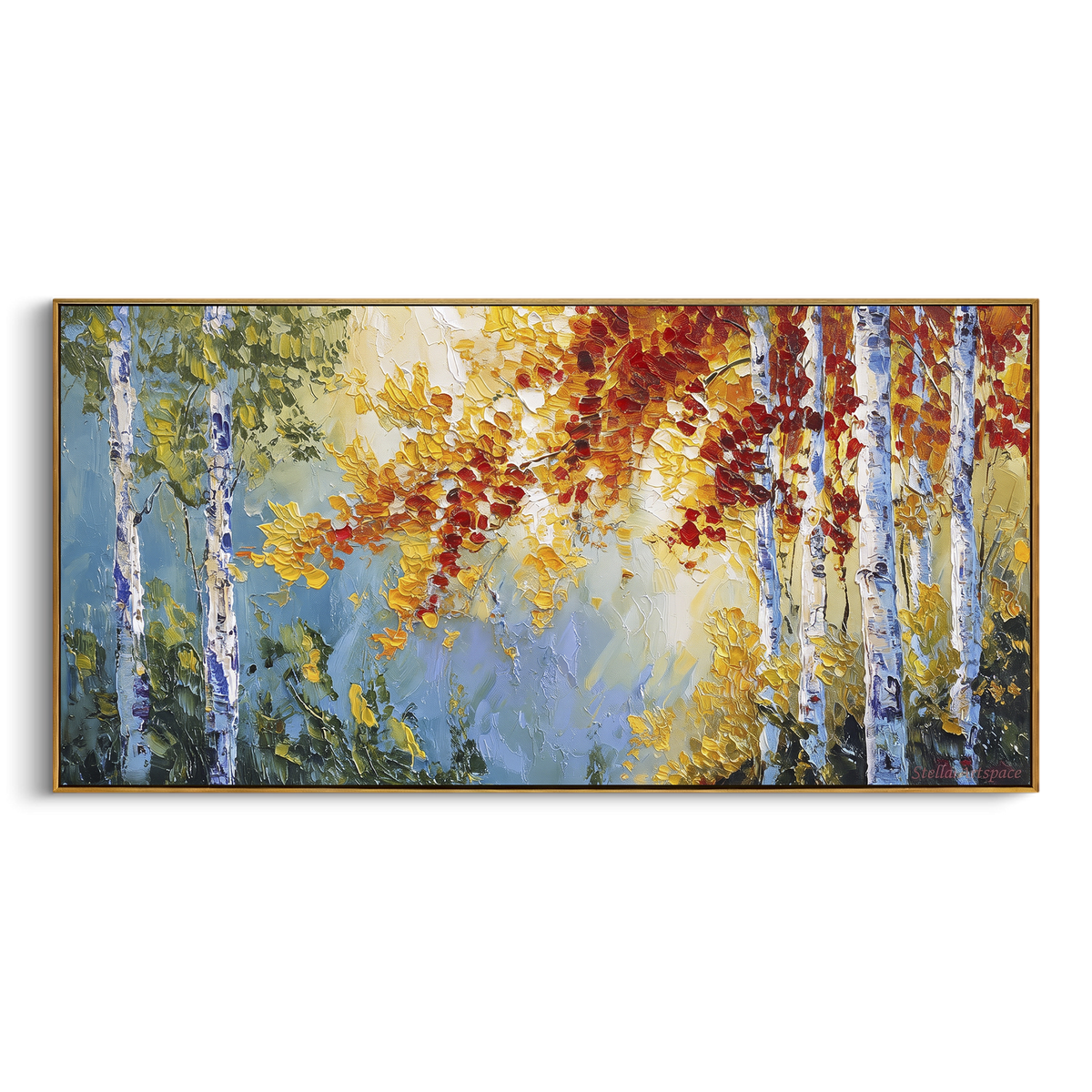 ARTWORK DETAILS Sunlit Birch Grove Window Painting is built from the actual artwork image: sunlit opening between white birch trunks and yellow leaves. The composition uses raised texture to separate tree trunks, leaf masses, ground movement, and soft background atmosphere, so the surface reads with real hand-painted depth from different viewing angles. The color direction is yellow, white, blue, chosen to keep the autumn mood warm while still leaving enough pale air and cool contrast for modern