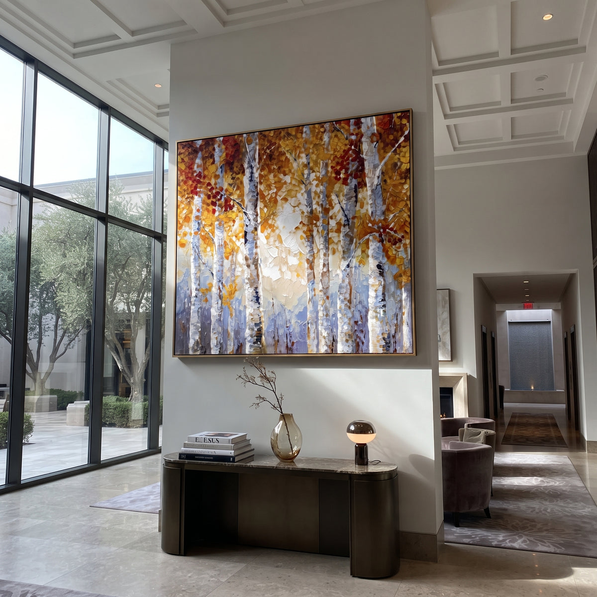 ARTWORK DETAILS Tall Golden Birch Light Painting is built from the actual artwork image: close vertical birch trunks rising through warm gold leaves. The composition uses raised texture to separate tree trunks, leaf masses, ground movement, and soft background atmosphere, so the surface reads with real hand-painted depth from different viewing angles. The color direction is yellow, white, gray, chosen to keep the autumn mood warm while still leaving enough pale air and cool contrast for modern