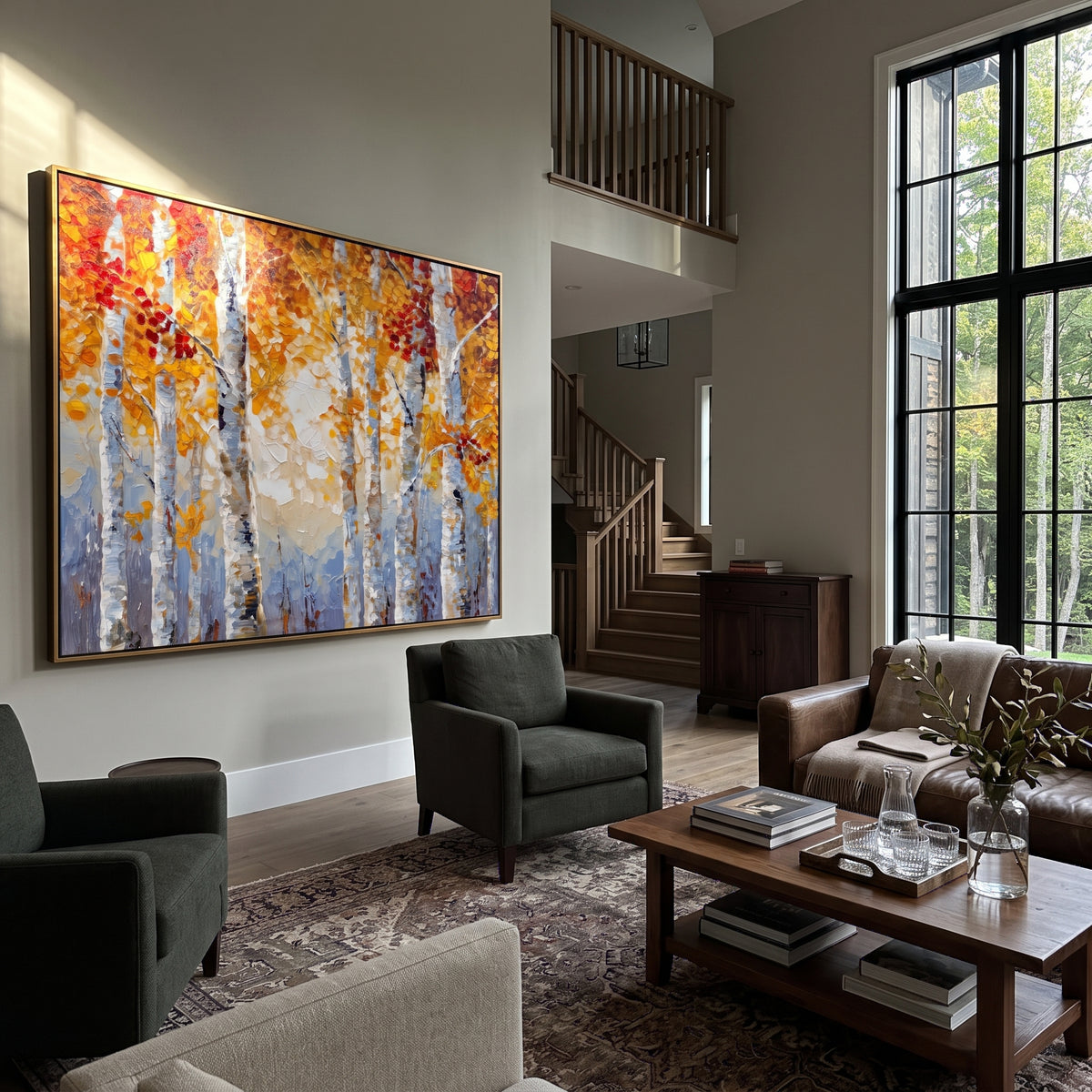 ARTWORK DETAILS Tall Golden Birch Light Painting is built from the actual artwork image: close vertical birch trunks rising through warm gold leaves. The composition uses raised texture to separate tree trunks, leaf masses, ground movement, and soft background atmosphere, so the surface reads with real hand-painted depth from different viewing angles. The color direction is yellow, white, gray, chosen to keep the autumn mood warm while still leaving enough pale air and cool contrast for modern