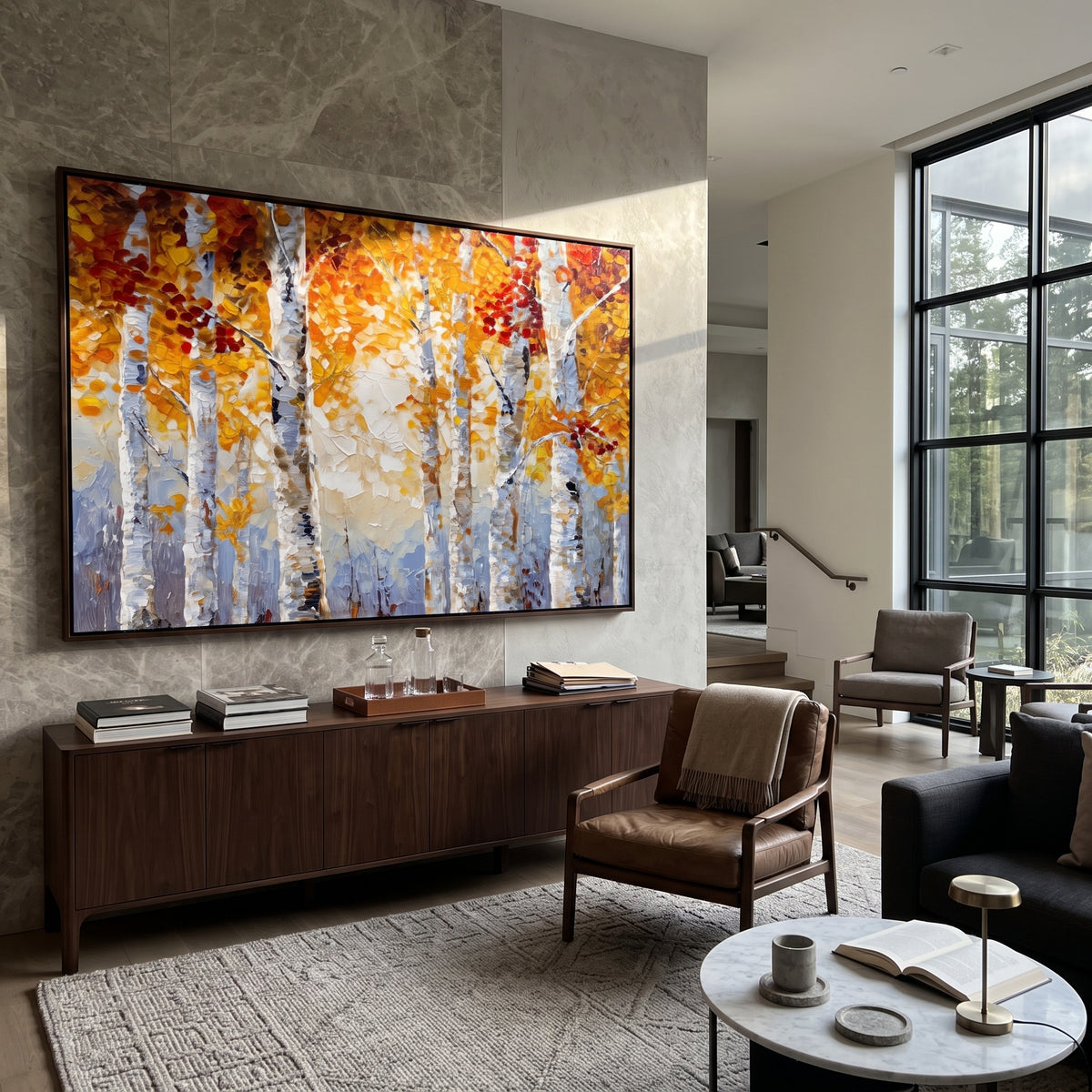 ARTWORK DETAILS Tall Golden Birch Light Painting is built from the actual artwork image: close vertical birch trunks rising through warm gold leaves. The composition uses raised texture to separate tree trunks, leaf masses, ground movement, and soft background atmosphere, so the surface reads with real hand-painted depth from different viewing angles. The color direction is yellow, white, gray, chosen to keep the autumn mood warm while still leaving enough pale air and cool contrast for modern