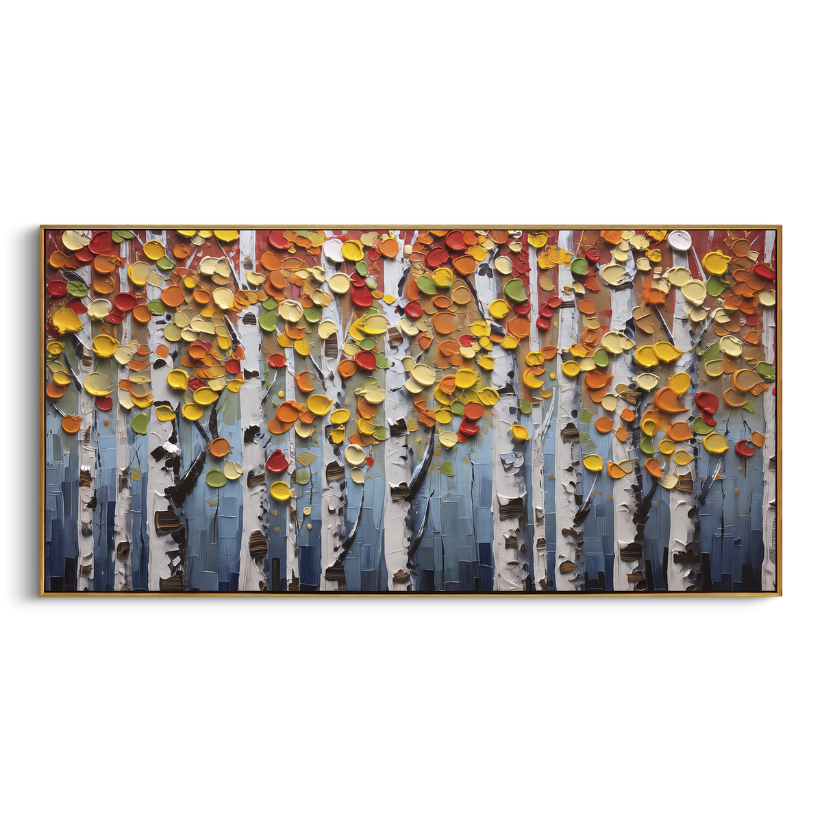 ARTWORK DETAILS Layered Aspen Leaves Painting is built from the actual artwork image: dense raised aspen leaves above slim white trunks. The composition uses raised texture to separate tree trunks, leaf masses, ground movement, and soft background atmosphere, so the surface reads with real hand-painted depth from different viewing angles. The color direction is orange, yellow, white, chosen to keep the autumn mood warm while still leaving enough pale air and cool contrast for modern interiors.