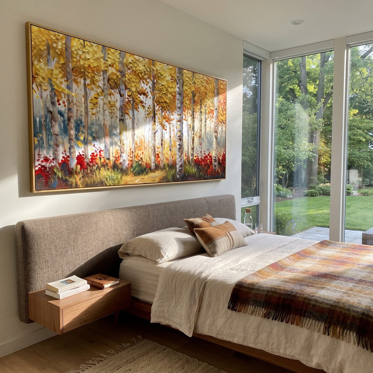 ARTWORK DETAILS Birch Meadow Red Blooms Painting is built from the actual artwork image: white birch meadow with red ground flowers and warm foliage. The composition uses raised texture to separate tree trunks, leaf masses, ground movement, and soft background atmosphere, so the surface reads with real hand-painted depth from different viewing angles. The color direction is yellow, red, white, chosen to keep the autumn mood warm while still leaving enough pale air and cool contrast for modern