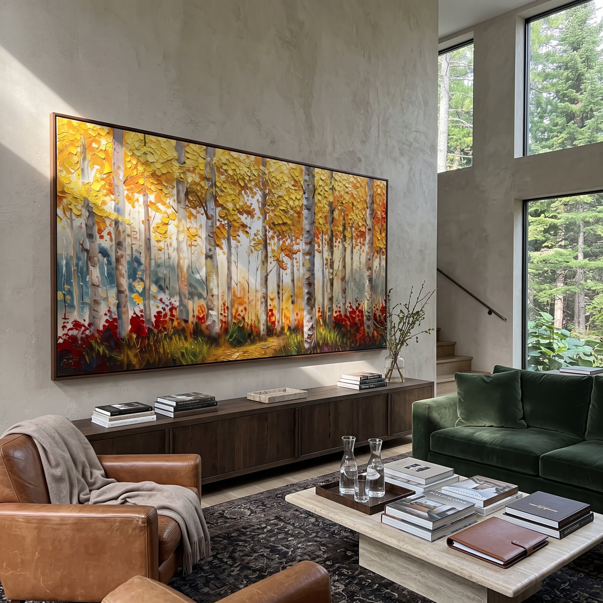 ARTWORK DETAILS Birch Meadow Red Blooms Painting is built from the actual artwork image: white birch meadow with red ground flowers and warm foliage. The composition uses raised texture to separate tree trunks, leaf masses, ground movement, and soft background atmosphere, so the surface reads with real hand-painted depth from different viewing angles. The color direction is yellow, red, white, chosen to keep the autumn mood warm while still leaving enough pale air and cool contrast for modern