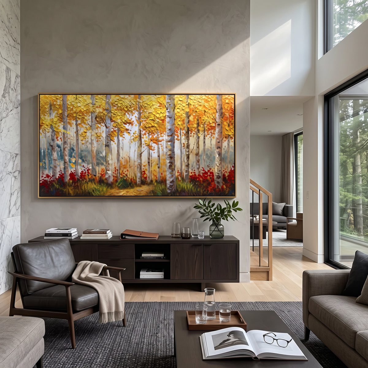 ARTWORK DETAILS Birch Meadow Red Blooms Painting is built from the actual artwork image: white birch meadow with red ground flowers and warm foliage. The composition uses raised texture to separate tree trunks, leaf masses, ground movement, and soft background atmosphere, so the surface reads with real hand-painted depth from different viewing angles. The color direction is yellow, red, white, chosen to keep the autumn mood warm while still leaving enough pale air and cool contrast for modern