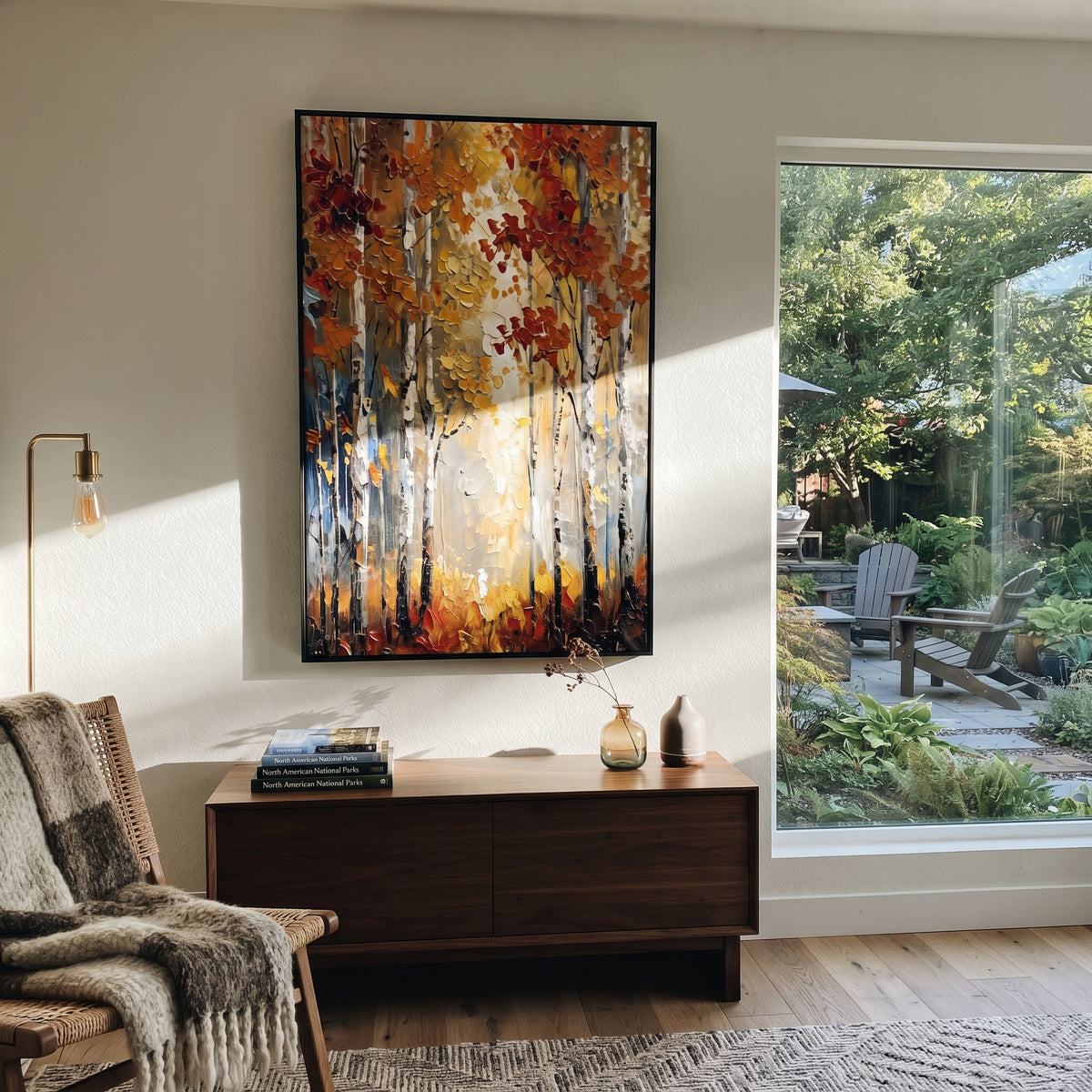 ARTWORK DETAILS Glowing Birch Woodland Painting is built from the actual artwork image: vertical forest window with glowing gold leaves and red accents. The composition uses raised texture to separate tree trunks, leaf masses, ground movement, and soft background atmosphere, so the surface reads with real hand-painted depth from different viewing angles. The color direction is yellow, orange, white, chosen to keep the autumn mood warm while still leaving enough pale air and cool contrast for