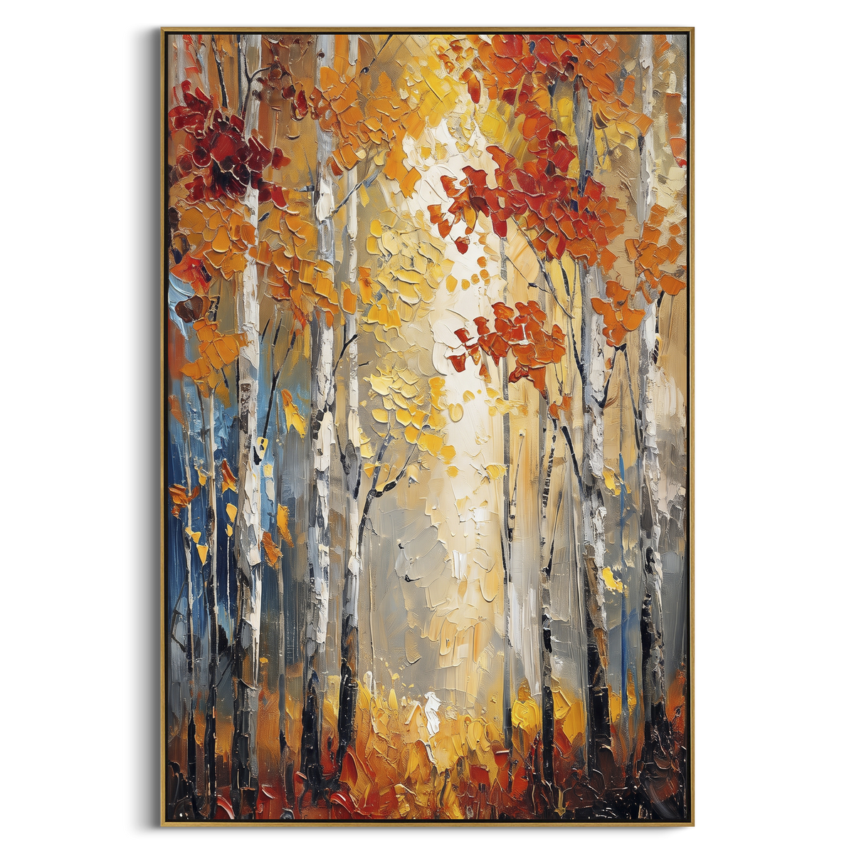 ARTWORK DETAILS Glowing Birch Woodland Painting is built from the actual artwork image: vertical forest window with glowing gold leaves and red accents. The composition uses raised texture to separate tree trunks, leaf masses, ground movement, and soft background atmosphere, so the surface reads with real hand-painted depth from different viewing angles. The color direction is yellow, orange, white, chosen to keep the autumn mood warm while still leaving enough pale air and cool contrast for