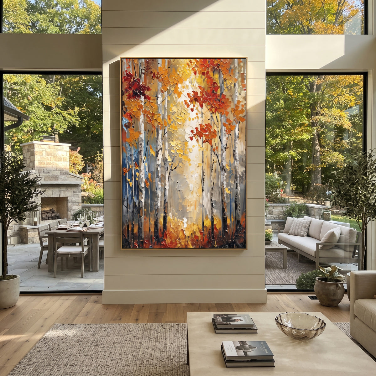 ARTWORK DETAILS Glowing Birch Woodland Painting is built from the actual artwork image: vertical forest window with glowing gold leaves and red accents. The composition uses raised texture to separate tree trunks, leaf masses, ground movement, and soft background atmosphere, so the surface reads with real hand-painted depth from different viewing angles. The color direction is yellow, orange, white, chosen to keep the autumn mood warm while still leaving enough pale air and cool contrast for