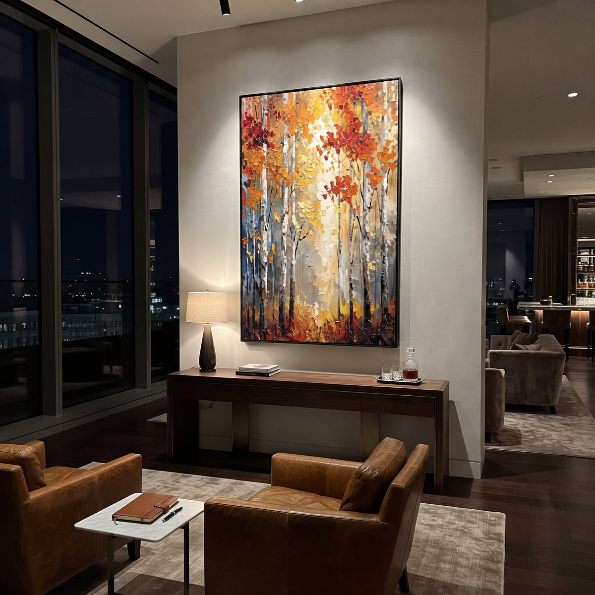 ARTWORK DETAILS Glowing Birch Woodland Painting is built from the actual artwork image: vertical forest window with glowing gold leaves and red accents. The composition uses raised texture to separate tree trunks, leaf masses, ground movement, and soft background atmosphere, so the surface reads with real hand-painted depth from different viewing angles. The color direction is yellow, orange, white, chosen to keep the autumn mood warm while still leaving enough pale air and cool contrast for