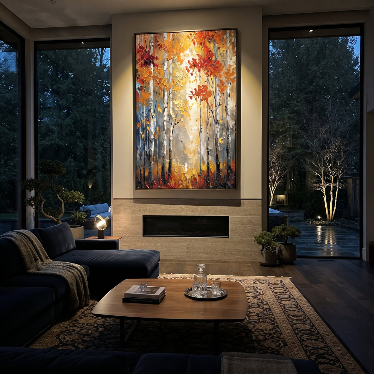 ARTWORK DETAILS Glowing Birch Woodland Painting is built from the actual artwork image: vertical forest window with glowing gold leaves and red accents. The composition uses raised texture to separate tree trunks, leaf masses, ground movement, and soft background atmosphere, so the surface reads with real hand-painted depth from different viewing angles. The color direction is yellow, orange, white, chosen to keep the autumn mood warm while still leaving enough pale air and cool contrast for