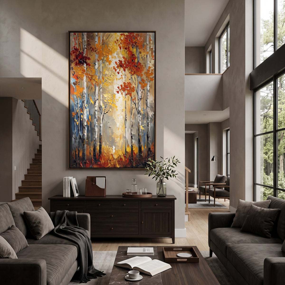 ARTWORK DETAILS Glowing Birch Woodland Painting is built from the actual artwork image: vertical forest window with glowing gold leaves and red accents. The composition uses raised texture to separate tree trunks, leaf masses, ground movement, and soft background atmosphere, so the surface reads with real hand-painted depth from different viewing angles. The color direction is yellow, orange, white, chosen to keep the autumn mood warm while still leaving enough pale air and cool contrast for