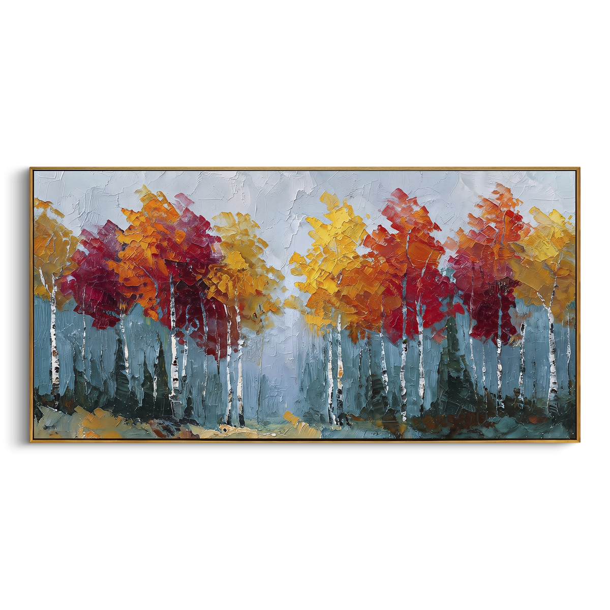 ARTWORK DETAILS Red Crown Autumn Grove Painting is built from the actual artwork image: rounded red and gold tree crowns across a misty grove. The composition uses raised texture to separate tree trunks, leaf masses, ground movement, and soft background atmosphere, so the surface reads with real hand-painted depth from different viewing angles. The color direction is red, yellow, blue, chosen to keep the autumn mood warm while still leaving enough pale air and cool contrast for modern interiors.