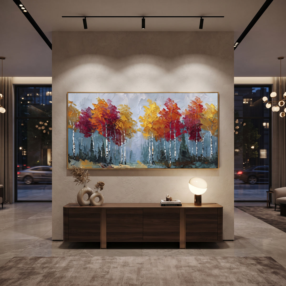 ARTWORK DETAILS Red Crown Autumn Grove Painting is built from the actual artwork image: rounded red and gold tree crowns across a misty grove. The composition uses raised texture to separate tree trunks, leaf masses, ground movement, and soft background atmosphere, so the surface reads with real hand-painted depth from different viewing angles. The color direction is red, yellow, blue, chosen to keep the autumn mood warm while still leaving enough pale air and cool contrast for modern interiors.