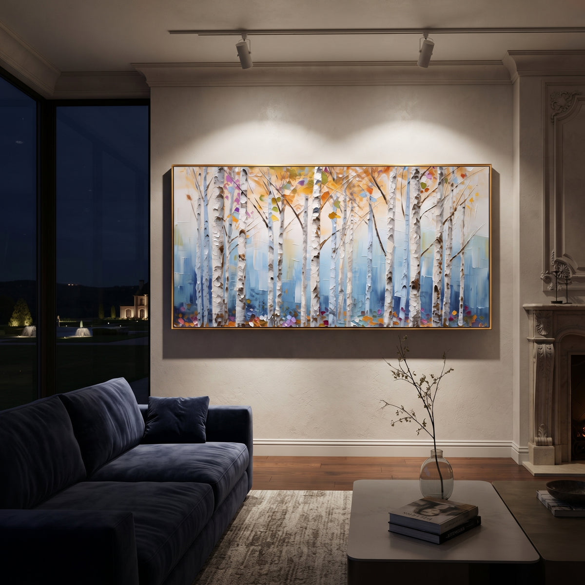 ARTWORK DETAILS Blue Mist White Birch Painting is built from the actual artwork image: white birch trunks set against a soft blue mist field. The composition uses raised texture to separate tree trunks, leaf masses, ground movement, and soft background atmosphere, so the surface reads with real hand-painted depth from different viewing angles. The color direction is white, blue, yellow, chosen to keep the autumn mood warm while still leaving enough pale air and cool contrast for modern