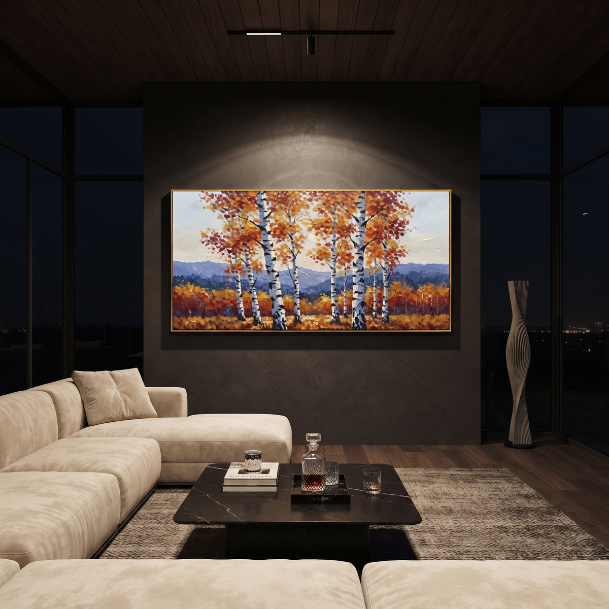 ARTWORK DETAILS Birch Ridge Mountain Painting is built from the actual artwork image: small birch group before blue mountain ridges and rust meadow. The composition uses raised texture to separate tree trunks, leaf masses, ground movement, and soft background atmosphere, so the surface reads with real hand-painted depth from different viewing angles. The color direction is orange, white, blue, chosen to keep the autumn mood warm while still leaving enough pale air and cool contrast for modern