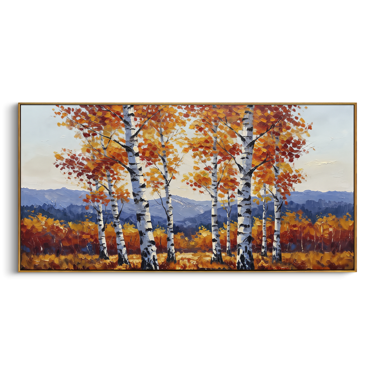 ARTWORK DETAILS Birch Ridge Mountain Painting is built from the actual artwork image: small birch group before blue mountain ridges and rust meadow. The composition uses raised texture to separate tree trunks, leaf masses, ground movement, and soft background atmosphere, so the surface reads with real hand-painted depth from different viewing angles. The color direction is orange, white, blue, chosen to keep the autumn mood warm while still leaving enough pale air and cool contrast for modern