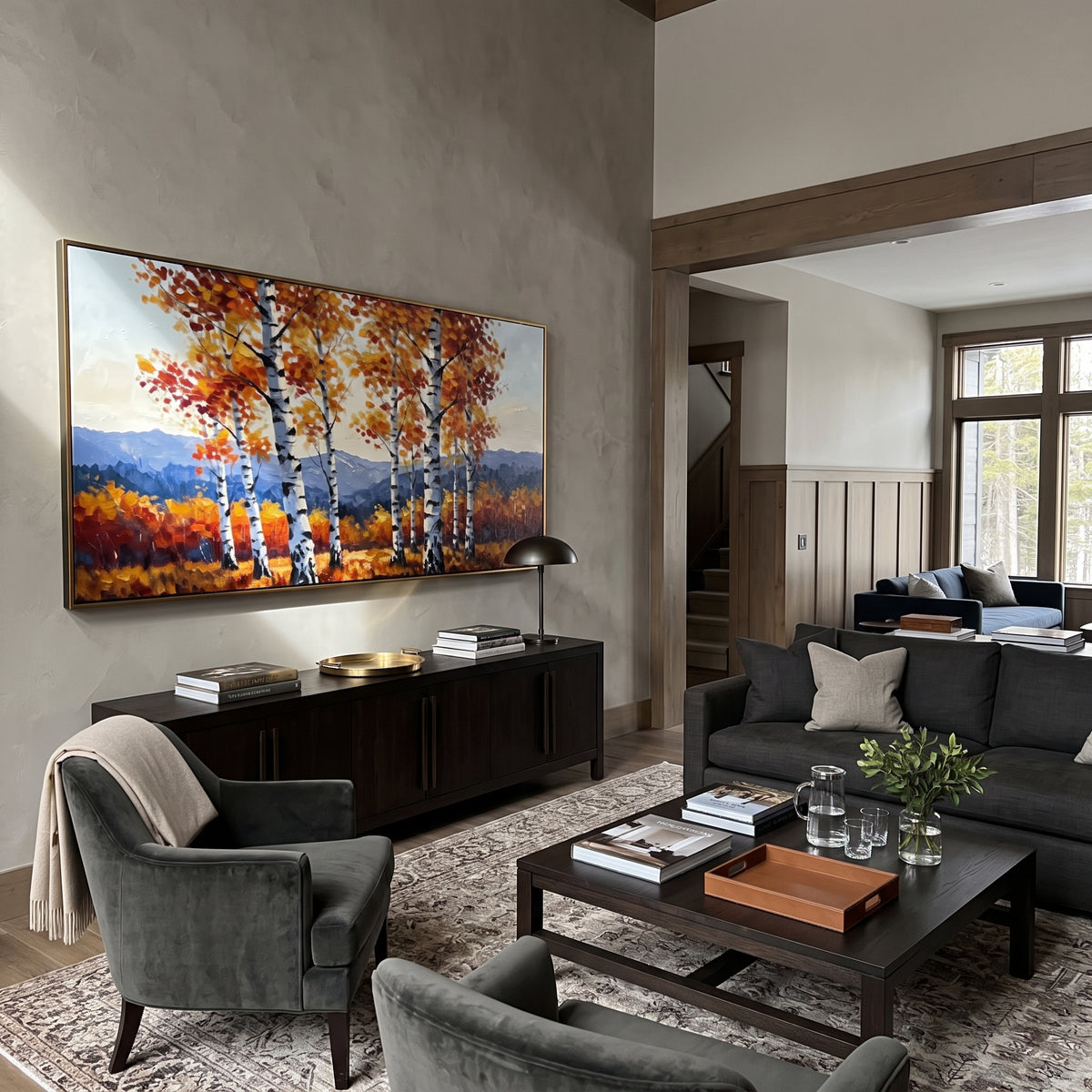 ARTWORK DETAILS Birch Ridge Mountain Painting is built from the actual artwork image: small birch group before blue mountain ridges and rust meadow. The composition uses raised texture to separate tree trunks, leaf masses, ground movement, and soft background atmosphere, so the surface reads with real hand-painted depth from different viewing angles. The color direction is orange, white, blue, chosen to keep the autumn mood warm while still leaving enough pale air and cool contrast for modern
