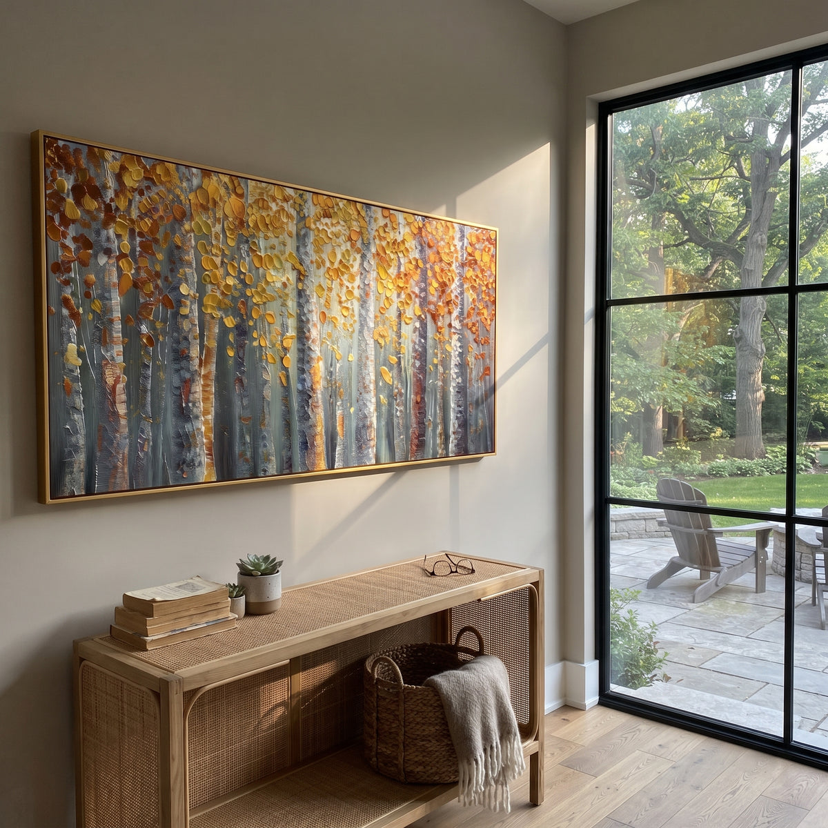 ARTWORK DETAILS Gold Leaf Birch Curtain Painting is built from the actual artwork image: vertical yellow leaf curtain falling through blue gray woods. The composition uses raised texture to separate tree trunks, leaf masses, ground movement, and soft background atmosphere, so the surface reads with real hand-painted depth from different viewing angles. The color direction is yellow, gray, blue, chosen to keep the autumn mood warm while still leaving enough pale air and cool contrast for modern