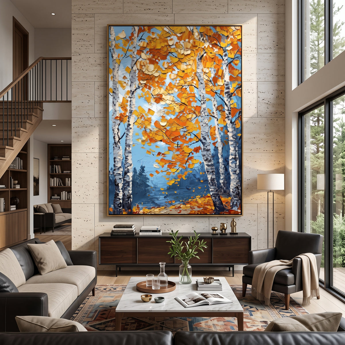 ARTWORK DETAILS Falling Leaves Birch Path Painting is built from the actual artwork image: tall birch path covered with falling orange leaves. The composition uses raised texture to separate tree trunks, leaf masses, ground movement, and soft background atmosphere, so the surface reads with real hand-painted depth from different viewing angles. The color direction is orange, yellow, blue, chosen to keep the autumn mood warm while still leaving enough pale air and cool contrast for modern