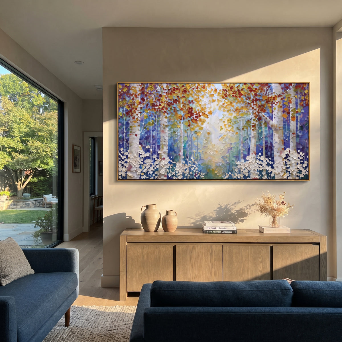 ARTWORK DETAILS Misty Birch Light Portal Painting is built from the actual artwork image: white birch rows framing a luminous pale blue center. The composition uses raised texture to separate tree trunks, leaf masses, ground movement, and soft background atmosphere, so the surface reads with real hand-painted depth from different viewing angles. The color direction is white, blue, yellow, chosen to keep the autumn mood warm while still leaving enough pale air and cool contrast for modern