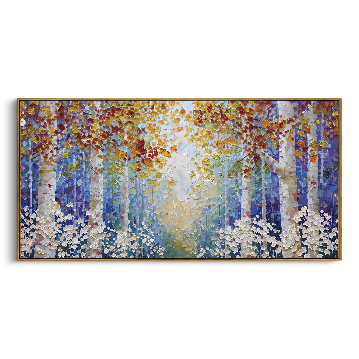 ARTWORK DETAILS Misty Birch Light Portal Painting is built from the actual artwork image: white birch rows framing a luminous pale blue center. The composition uses raised texture to separate tree trunks, leaf masses, ground movement, and soft background atmosphere, so the surface reads with real hand-painted depth from different viewing angles. The color direction is white, blue, yellow, chosen to keep the autumn mood warm while still leaving enough pale air and cool contrast for modern