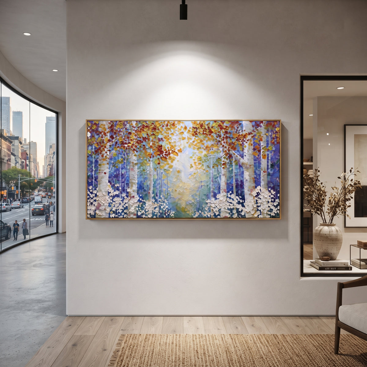 ARTWORK DETAILS Misty Birch Light Portal Painting is built from the actual artwork image: white birch rows framing a luminous pale blue center. The composition uses raised texture to separate tree trunks, leaf masses, ground movement, and soft background atmosphere, so the surface reads with real hand-painted depth from different viewing angles. The color direction is white, blue, yellow, chosen to keep the autumn mood warm while still leaving enough pale air and cool contrast for modern