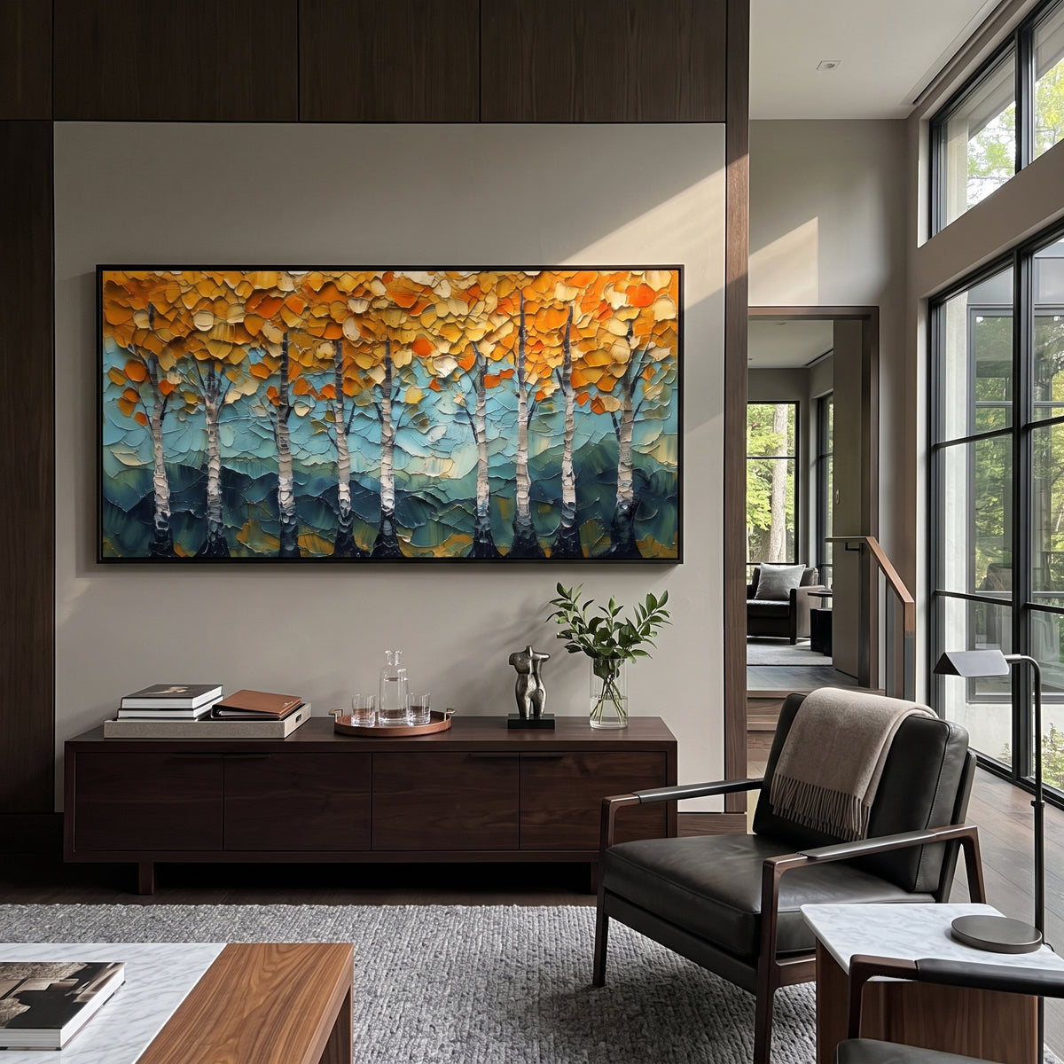 ARTWORK DETAILS Thick Gold Aspen Grove Painting is built from the actual artwork image: heavy palette-knife golden leaves over teal and white trunks. The composition uses raised texture to separate tree trunks, leaf masses, ground movement, and soft background atmosphere, so the surface reads with real hand-painted depth from different viewing angles. The color direction is yellow, green, white, chosen to keep the autumn mood warm while still leaving enough pale air and cool contrast for modern
