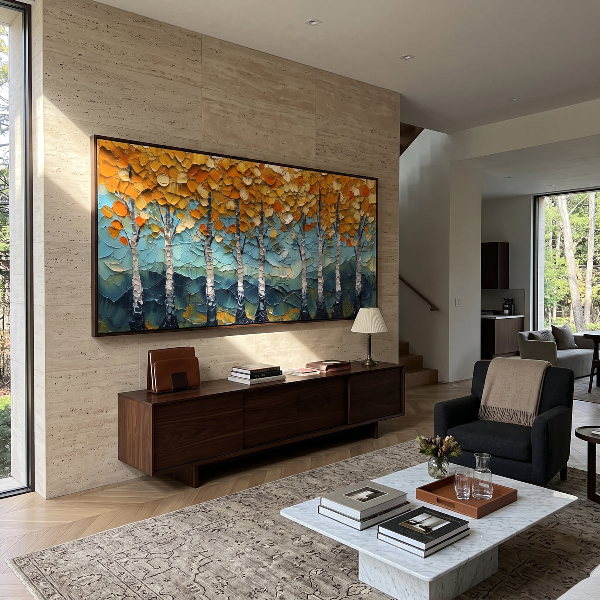 ARTWORK DETAILS Thick Gold Aspen Grove Painting is built from the actual artwork image: heavy palette-knife golden leaves over teal and white trunks. The composition uses raised texture to separate tree trunks, leaf masses, ground movement, and soft background atmosphere, so the surface reads with real hand-painted depth from different viewing angles. The color direction is yellow, green, white, chosen to keep the autumn mood warm while still leaving enough pale air and cool contrast for modern