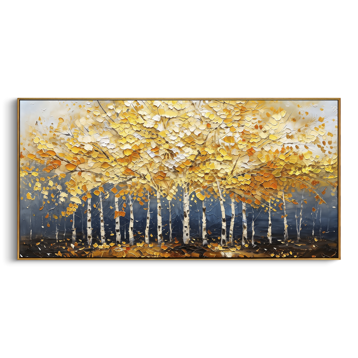 ARTWORK DETAILS Gold Canopy Birch Line Painting is built from the actual artwork image: low white birch line under a broad gold canopy. The composition uses raised texture to separate tree trunks, leaf masses, ground movement, and soft background atmosphere, so the surface reads with real hand-painted depth from different viewing angles. The color direction is yellow, white, gray, chosen to keep the autumn mood warm while still leaving enough pale air and cool contrast for modern interiors. Core