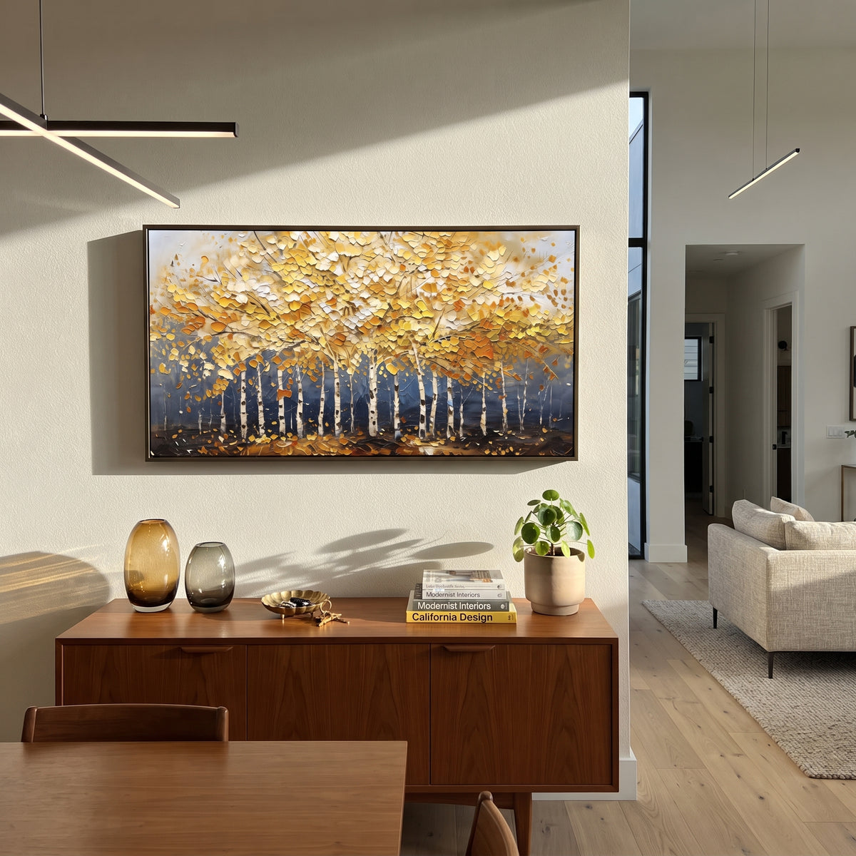 ARTWORK DETAILS Gold Canopy Birch Line Painting is built from the actual artwork image: low white birch line under a broad gold canopy. The composition uses raised texture to separate tree trunks, leaf masses, ground movement, and soft background atmosphere, so the surface reads with real hand-painted depth from different viewing angles. The color direction is yellow, white, gray, chosen to keep the autumn mood warm while still leaving enough pale air and cool contrast for modern interiors. Core