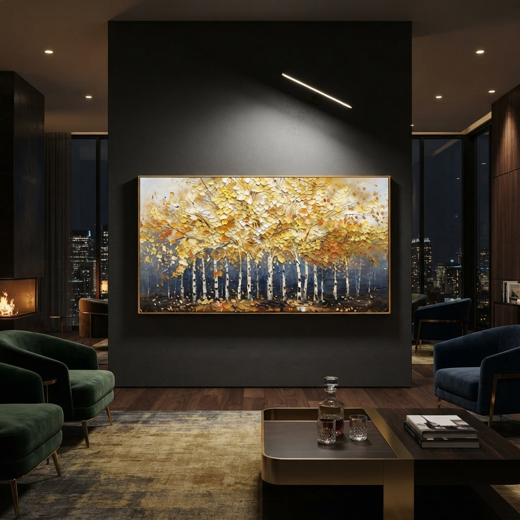 ARTWORK DETAILS Gold Canopy Birch Line Painting is built from the actual artwork image: low white birch line under a broad gold canopy. The composition uses raised texture to separate tree trunks, leaf masses, ground movement, and soft background atmosphere, so the surface reads with real hand-painted depth from different viewing angles. The color direction is yellow, white, gray, chosen to keep the autumn mood warm while still leaving enough pale air and cool contrast for modern interiors. Core