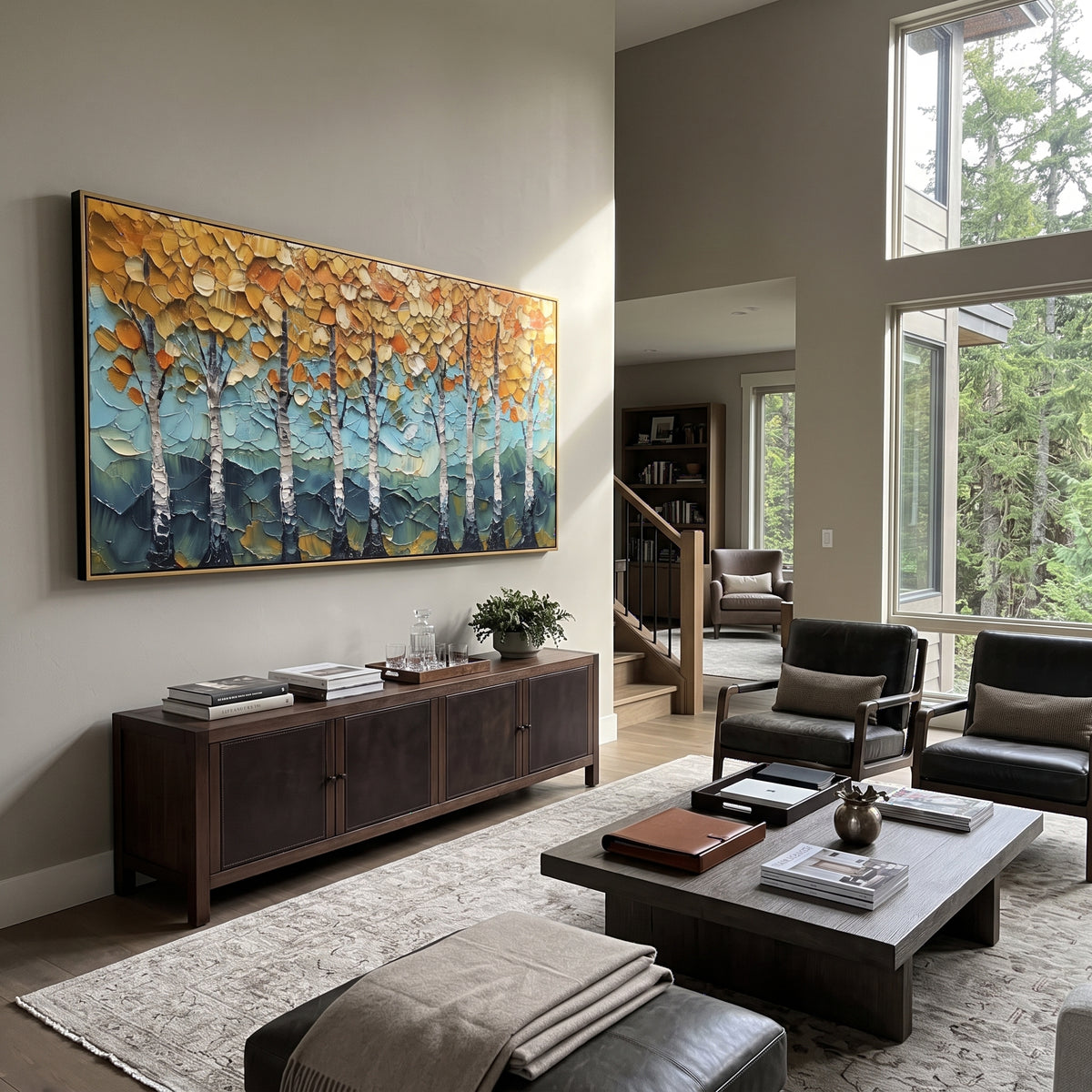 ARTWORK DETAILS Gold Canopy Birch Line Painting is built from the actual artwork image: low white birch line under a broad gold canopy. The composition uses raised texture to separate tree trunks, leaf masses, ground movement, and soft background atmosphere, so the surface reads with real hand-painted depth from different viewing angles. The color direction is yellow, white, gray, chosen to keep the autumn mood warm while still leaving enough pale air and cool contrast for modern interiors. Core