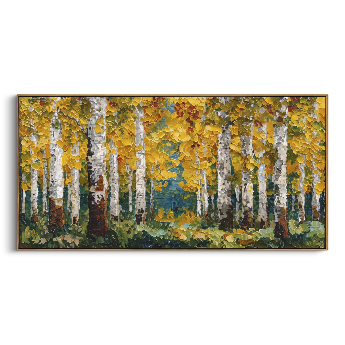 ARTWORK DETAILS Green Gold Birch Forest Painting is built from the actual artwork image: green forest floor and yellow birch leaves in a dense grove. The composition uses raised texture to separate tree trunks, leaf masses, ground movement, and soft background atmosphere, so the surface reads with real hand-painted depth from different viewing angles. The color direction is green, yellow, white, chosen to keep the autumn mood warm while still leaving enough pale air and cool contrast for modern