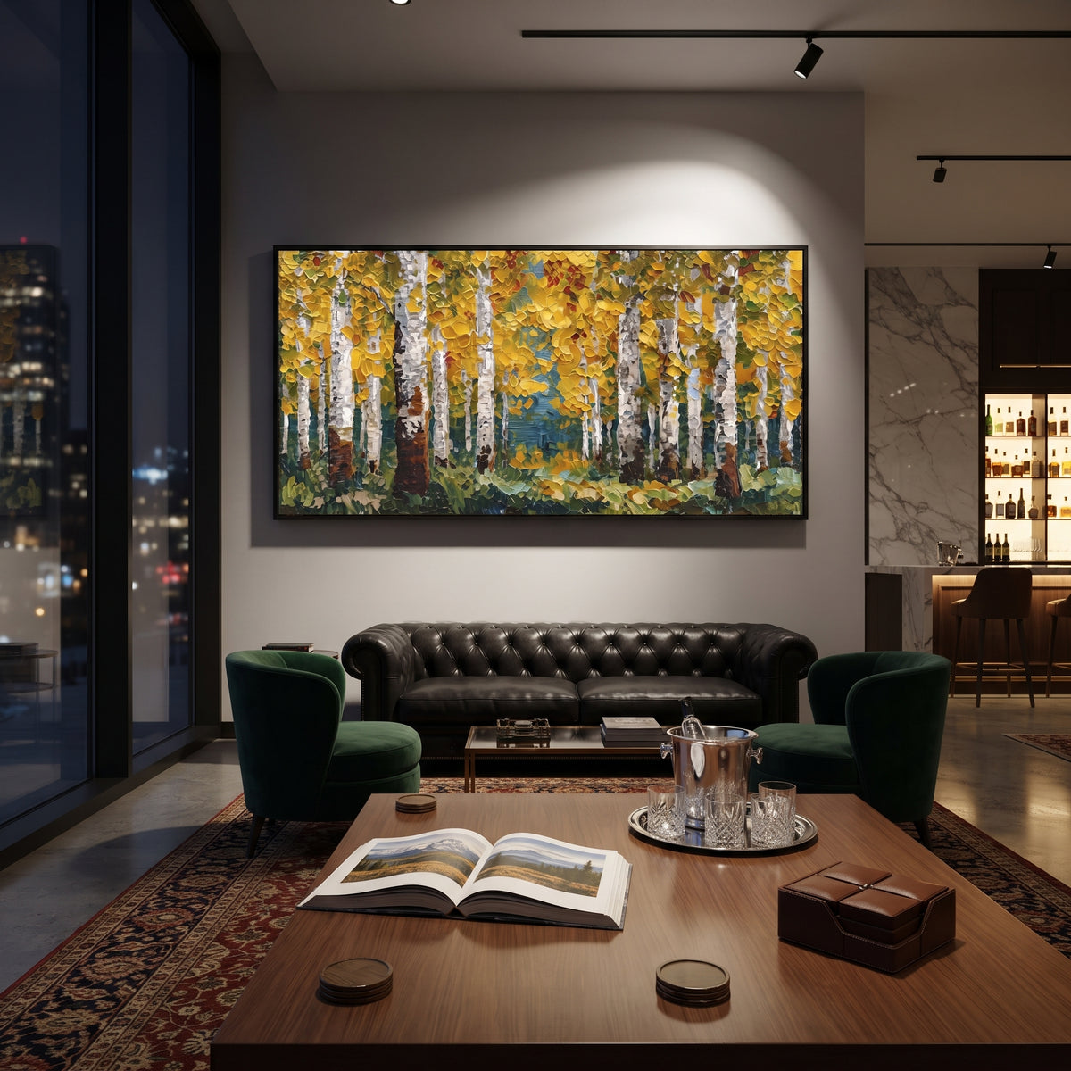 ARTWORK DETAILS Green Gold Birch Forest Painting is built from the actual artwork image: green forest floor and yellow birch leaves in a dense grove. The composition uses raised texture to separate tree trunks, leaf masses, ground movement, and soft background atmosphere, so the surface reads with real hand-painted depth from different viewing angles. The color direction is green, yellow, white, chosen to keep the autumn mood warm while still leaving enough pale air and cool contrast for modern