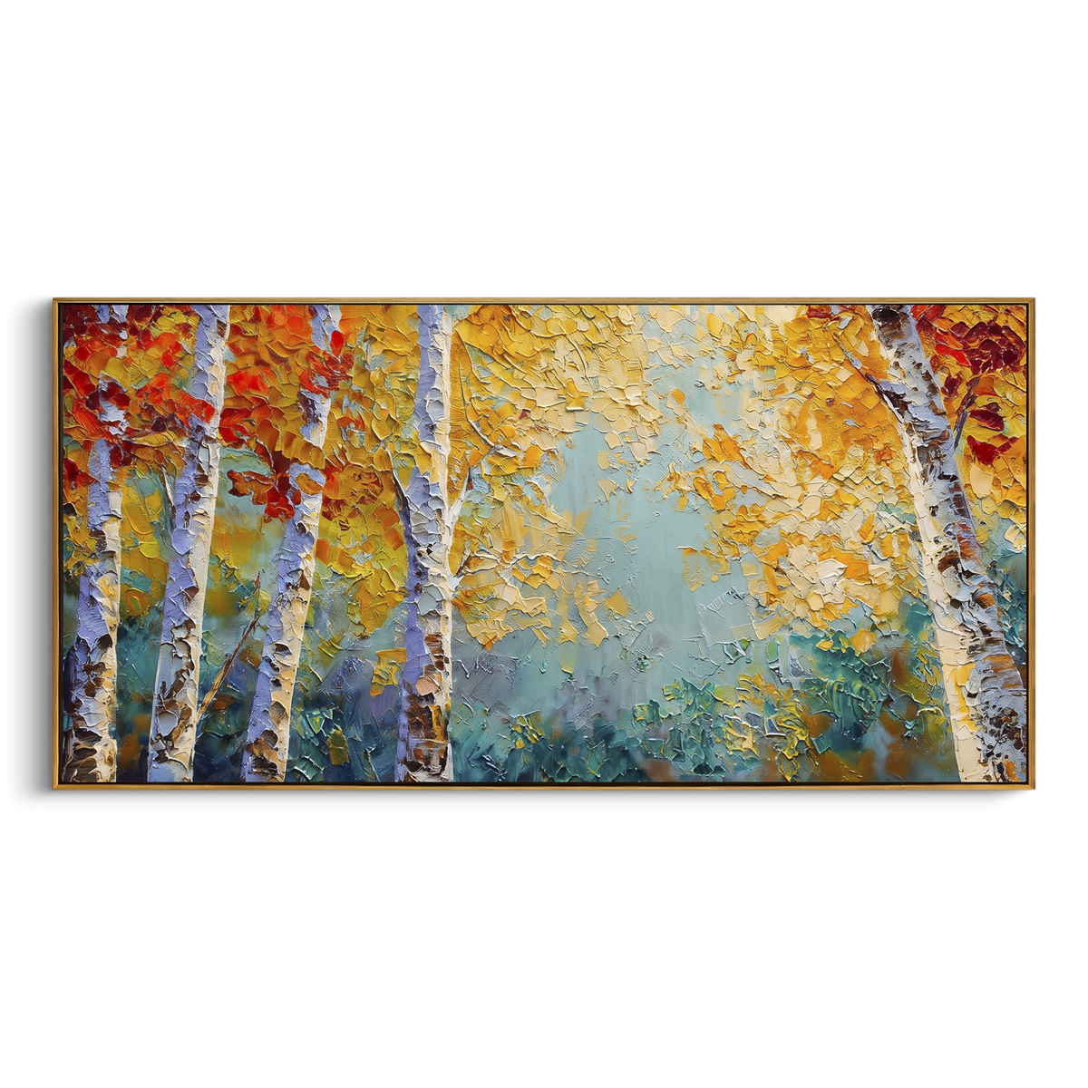 ARTWORK DETAILS Fresh Gold Birch Clearing Painting is built from the actual artwork image: gold leaves and white birch trunks around a pale clearing. The composition uses raised texture to separate tree trunks, leaf masses, ground movement, and soft background atmosphere, so the surface reads with real hand-painted depth from different viewing angles. The color direction is yellow, white, blue, chosen to keep the autumn mood warm while still leaving enough pale air and cool contrast for modern