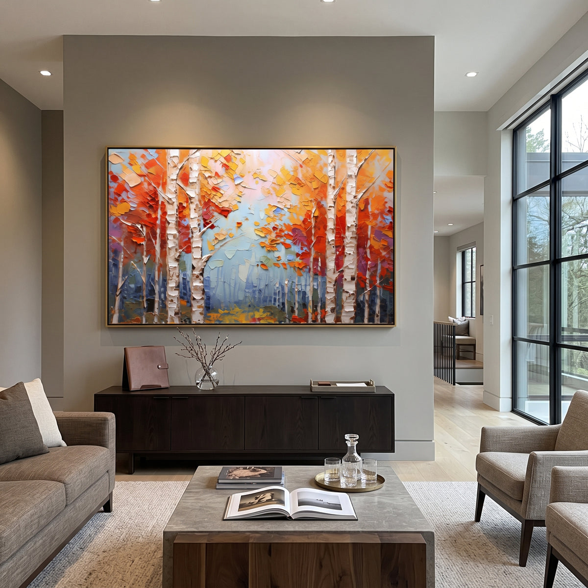ARTWORK DETAILS Red Orange Birch Stand Painting is built from the actual artwork image: bold orange red canopy over white birch trunks and blue haze. The composition uses raised texture to separate tree trunks, leaf masses, ground movement, and soft background atmosphere, so the surface reads with real hand-painted depth from different viewing angles. The color direction is red, orange, white, chosen to keep the autumn mood warm while still leaving enough pale air and cool contrast for modern